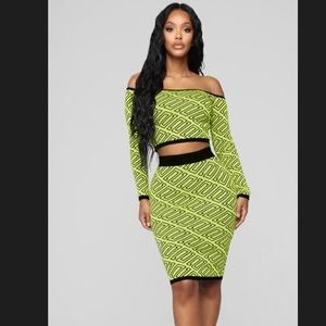 Fashion Nova Knit Stretch Lime Green Skirt & Top
